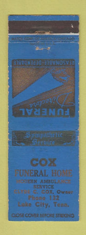 Matchbook Cover - Cox Funeral Home Lake City TN low phone # WEAR