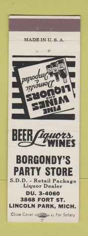 Matchbook Cover - Borgondy's Party Store Liquor Lincoln Park MI