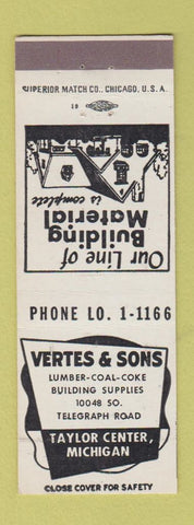 Matchbook Cover - Vertes Sons Lumber coal Taylor Center MI