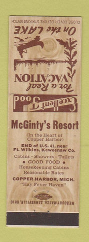 Matchbook Cover - McGinty's Resort Copper Harbor MI