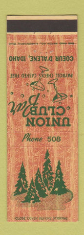 Matchbook Cover - Union Club Bar Coeur D'Alene ID low phone #