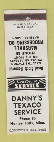 Matchbook Cover - Danny's Texaco oil gas Hanley Falls MN low phone #