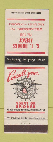 Matchbook Cover - GT Brooks Insurance Williamsburg VA low phone # Real Estate