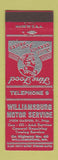 Matchbook Cover - Williamsburg Motor Service MO oil gas low phone #
