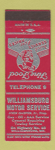 Matchbook Cover - Williamsburg Motor Service MO oil gas low phone #
