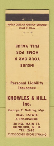 Matchbook Cover - Knowles and Hill Insurance Real Estate Concord NH low phone #