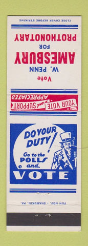 Matchbook Cover - W Penn Amesbury Prothonotary Election Uncle Sam