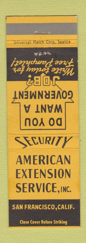 Matchbook Cover - American Extension Service San Francisco CA government jobs