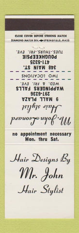 Matchbook Cover - Mr John Hair Salon Poughkeepsie NY Wappingers Falls