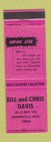 Matchbook Cover - Bill and Chris Davis Matchbook Collectors Booneville MS