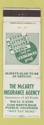 Matchbook Cover - McCarty Insurance Agency Pueblo Colorado