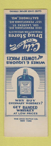 Matchbook Cover - City Cut Rate Drug Baltimore MD Silver Band Whiskey SAMPLE
