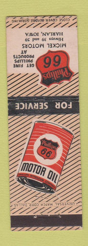Matchbook Cover - Phillips 66 oil gas Mickel Motors Harlan IA