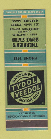 Matchbook Cover - Therrien's Tydol Veedol oil gas Gardner MA low phone #