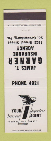 Matchbook Cover - James Garner Insurance South Greensburg PA low phone #