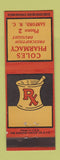Matchbook Cover - Coles Pharmacy Drug Sanford NC low phone #
