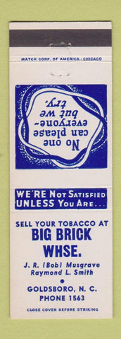 Matchbook Cover - Big Brick Warehouse Tobacco Goldsboro NC low phone #