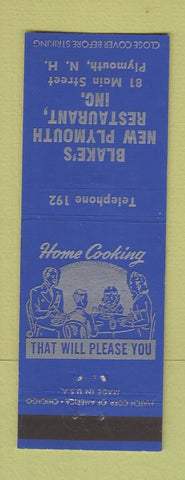 Matchbook Cover - Blake's New Plymouth Restaurant Plymouth NH low phone #