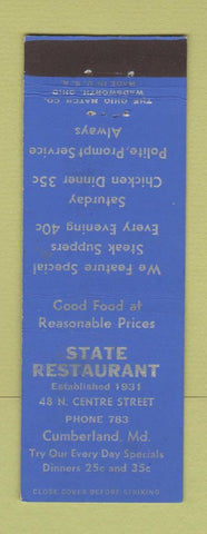 Matchbook Cover - State Restaurant Cumberland MD low phone #