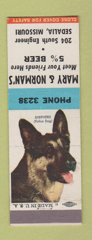 Matchbook Cover - Mary and Norman's Bar Sedalia MO low phone # German Shepherd