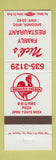Matchbook Cover - Nick's Family Restaurant Chicken Pizza Spooner WI rooster