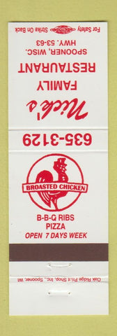 Matchbook Cover - Nick's Family Restaurant Chicken Pizza Spooner WI rooster