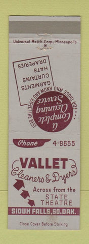 Matchbook Cover - Vallet Cleaners Dyers Sioux Falls SD