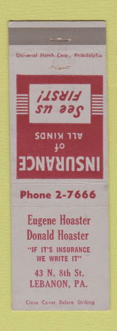 Matchbook Cover - Eugene Hoaster Insurance Lebanon PA