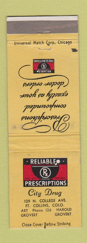Matchbook Cover - City Drug Fort Collins Colorado WEAR YELLOW