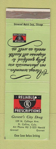 Matchbook Cover - Grovert's City Drug Fort Collins Colorado LIME