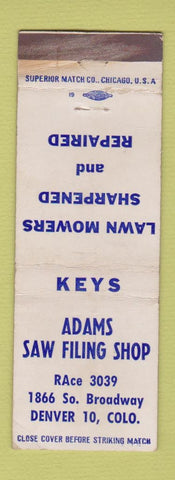 Matchbook Cover - Adams Saw Filing Shop Denver Colorado WEAR