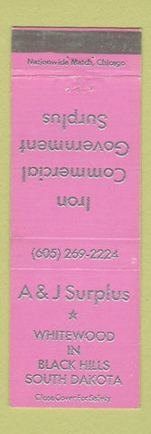 Matchbook Cover - A&J Surplus Whitewood SD Government Surplus