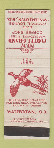 Matchbook Cover - New Hotel Grand Watertown SD pheasant