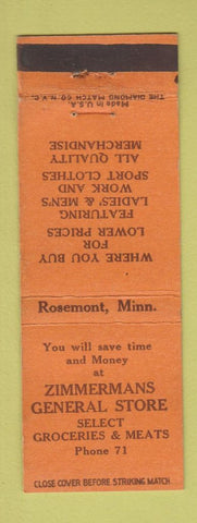 Matchbook Cover - Zimmermans General Store Rosemont MN low phone # WEAR