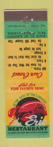 Matchbook Cover - Erie Restaurant Erie PA lobster