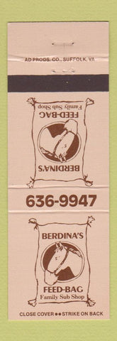 Matchbook Cover - Berdina's Feed Bag Sub Sandwiches horse