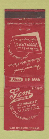 Matchbook Cover - Gem Restaurant St Louis MO WEAR
