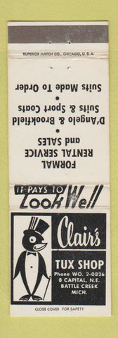 Matchbook Cover - Clair's Tuxedo Shop penguin Battle Creek MI