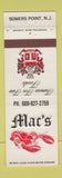 Matchbook Cover - Mac's Restaurant lobster Somers Point NJ