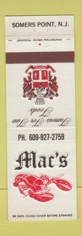 Matchbook Cover - Mac's Restaurant lobster Somers Point NJ