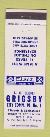 Matchbook Cover - LC Grigsby City Commissioner Election 1958