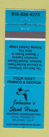 Matchbook Cover - Johnson's Steak House Willows CA