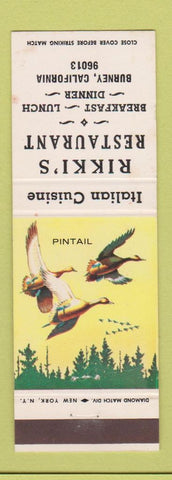Matchbook Cover - Rikki's Restaurant Italian Burney CA