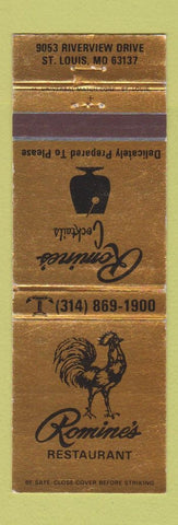 Matchbook Cover - Romine's Restaurant rooster St Louis MO GOLD