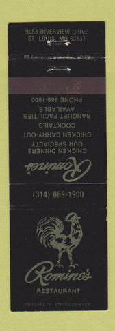 Matchbook Cover - Romine's Restaurant rooster St Louis MO BLACK