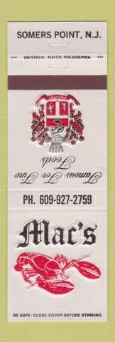 Matchbook Cover - Mac's Restaurant lobster Somers Point NJ