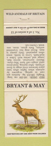 Matchbook Cover - Bryant and May Wild Animals Red Deer UK England