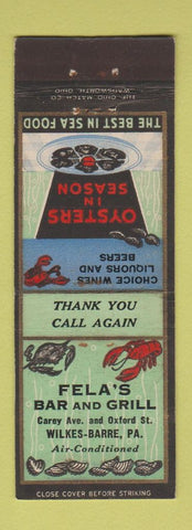 Matchbook Cover - Fela's Bar and Grill Wilkes Barre PA lobster