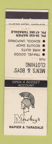 Matchbook Cover - Macky's Men's Clothes Napier Taradale New Zealand