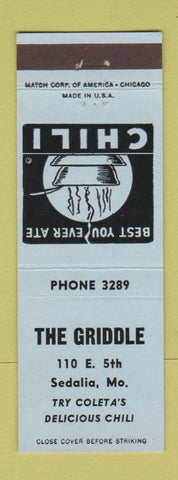 Matchbook Cover - The Griddle Sedalia MO low phone # Chili